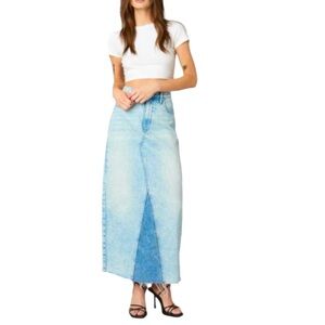 NEW Blank NYC Denim Maxi Skirt Patchwork Raw Hem Size 26 Waist Hippie Boho
